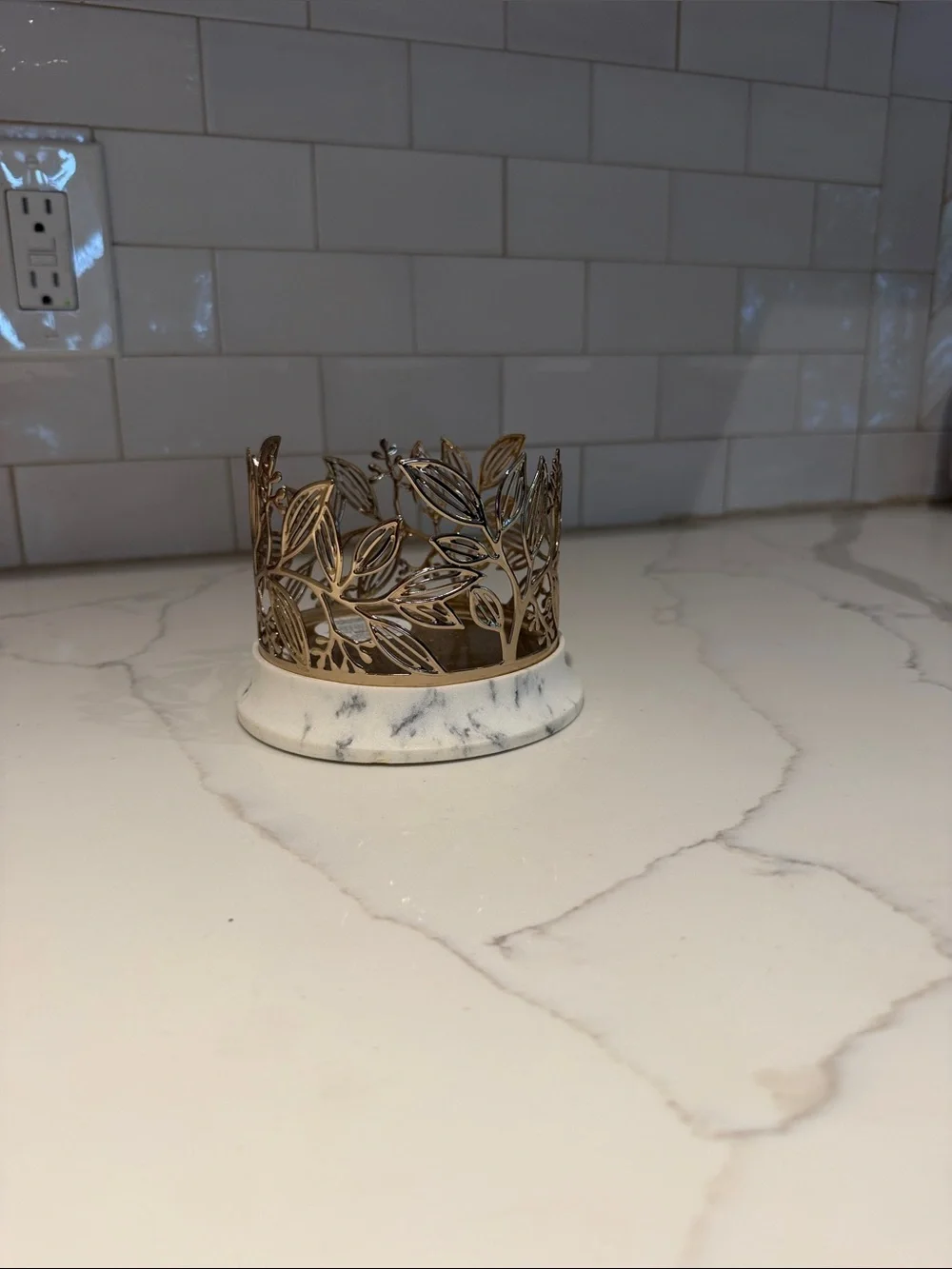 Bath & Body Works Champagne Gold Leaf Candle Holder with Marble-Style Base